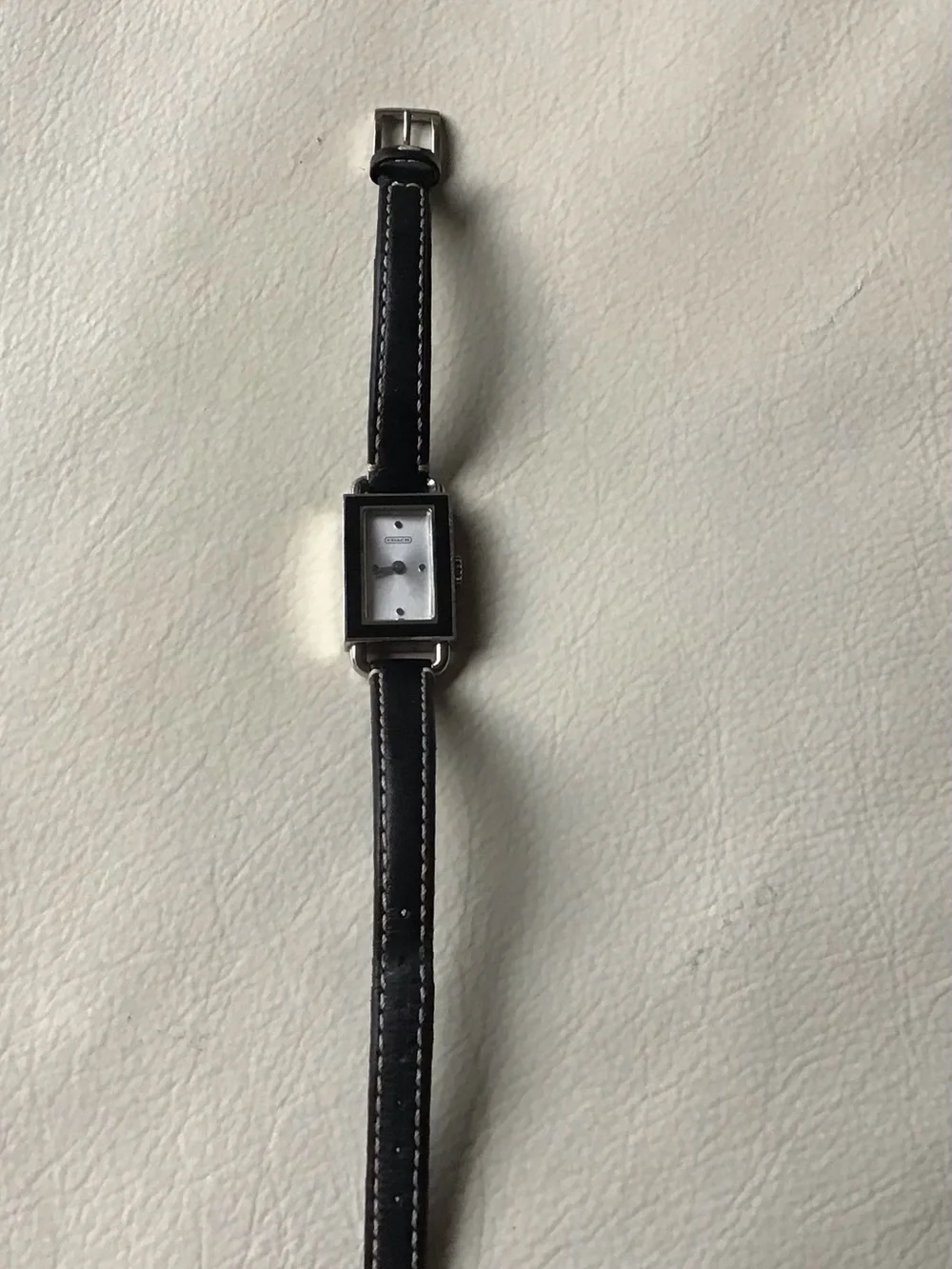 Coach Silver-Tone Rectangular Watch with Black Leather Strap